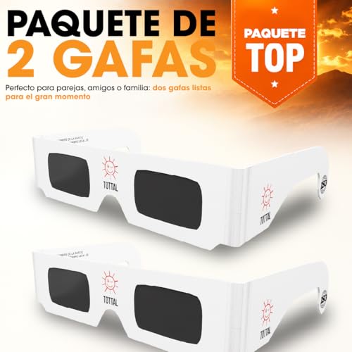 Tottal Gafas Eclipse Solar Homologadas ISO 12312-2 Agosto 2026 Gafas Protección Certificadas CE + Filtro Seguro UV/IR Ligeras + Cómodas + Fácil de Usar Glasses