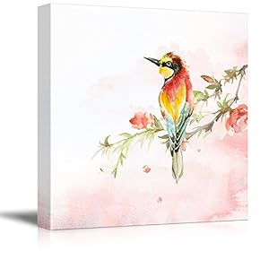 Square Canvas Wall Art - Watercolor Painting of a Red Bird Sitting on a Blooming Cherry Branch - Giclee Print Gallery Wrap Modern Home Art Ready to Hang - 12x12 inches