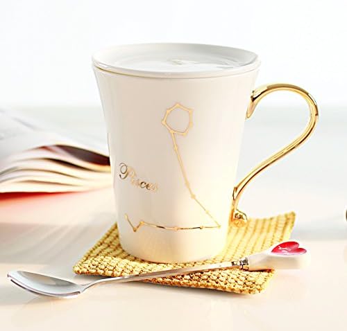 Twelve constellations Ceramic cup With lid spoon fashion Mug Couples Cup (Spoon color random)/Pisces
