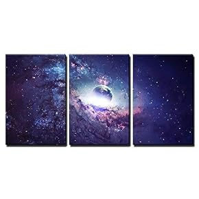 3 Piece Canvas Wall Art - Universe Scene with Planets, Stars and Galaxies in Outer Space - Modern Home Art Stretched and Framed Ready to Hang - 16"x24"x3 Panels