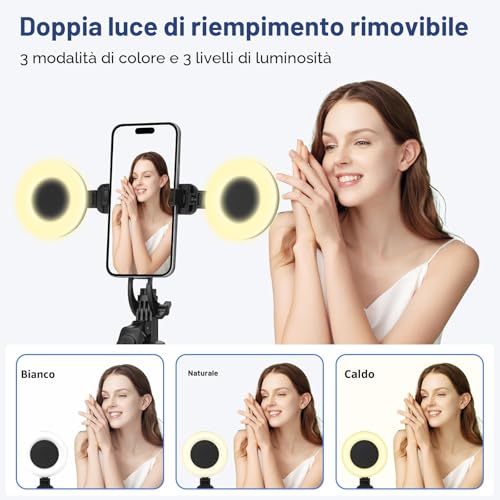 Tiktok/YouTube Kit di Treppiede per Selfie Stick con 2 luci y con 2 microfoni, 180cm Treppiede per smartphone, treppiedi per smartphone compatibile con iPhone & Android Smartphone