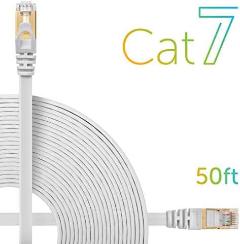 Esorbiel Cat7 Ethernet Cable 50 Ft White - Flat patch - Shielded STP - High Speed 10GB - Snagless RJ45 Connectors