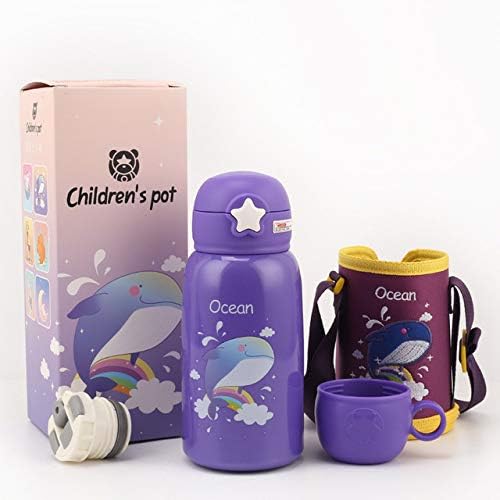Rabbfay Kids Water Bottle Insulated Leakproof with Straw, Cute Toddler Stainless Steel Thermos Cup with Carrier Holder Shoulder Strap And Spare Cover Lid