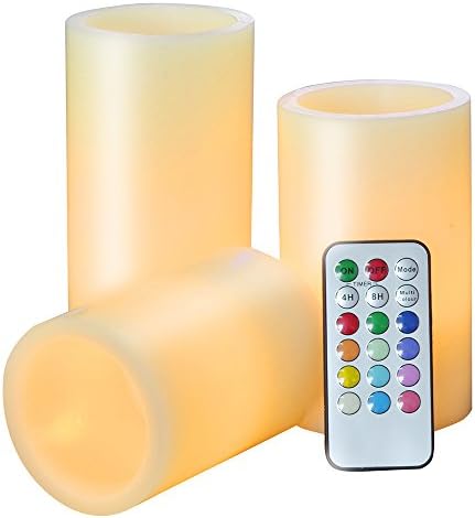 Pack of 3 Color Changing Indoor LED Flameless Candle Lights Ivory White- Real Wax, Battery Operated Candles with Remote Control & Timer, Faux Pillar Candles Electric Candles By JIAJIA Spring