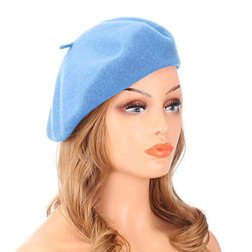Wheebo Wool Beret Hat,Solid Color French Style Winter Warm Cap for Women Girls (Azure)