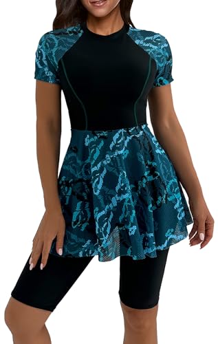 SEAUR Women 2Pcs Rash Guard Conservative Bathing Suits Printed Short Sleeve Swimsuits and Quick-Dry Shorts