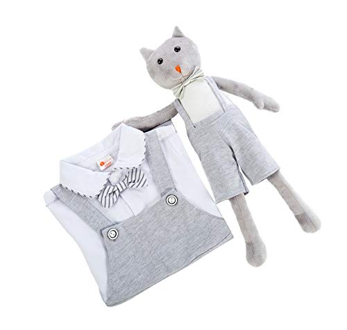 Baby Brielle 2-Piece Stuffed Cat Plush Toy and Matching Tuxedo with Overalls and Bow Onesie Romper for Infant and Toddler Gift Set for Boys Grey - Thumbnail 3