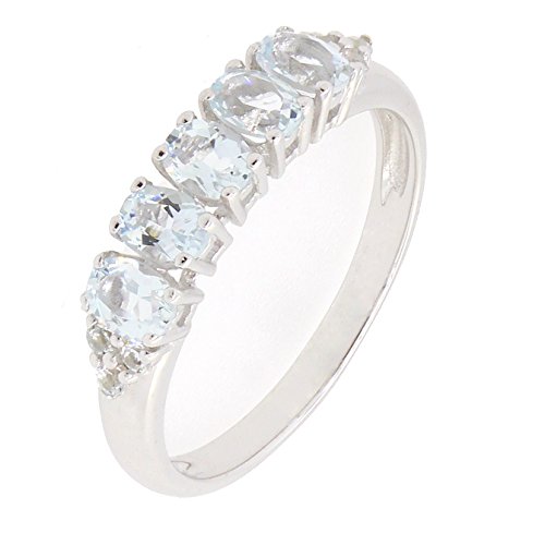 Sterling Silver Genuine Natural Aquamarine & White Topaz Five Stone Band Ring (3/4 CT.T.W)