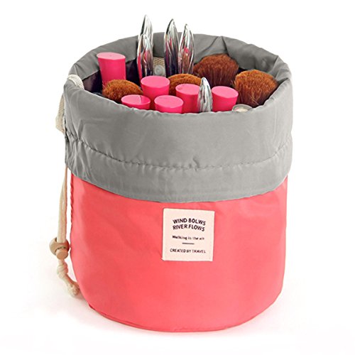 HJSMing Bathroom Folding Bag Travel Barrel Toiletry Bag Large Capacity Storage Organizer Travel Waterproof Portable Cosmetic Bag Bucket Makeup Bag with Pouch (Red)