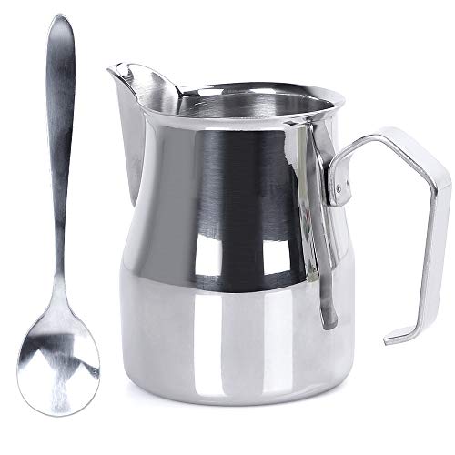 Ostrichy Milk Frother Pitcher, Stainless Frothing Pitcher, Milk Frothing Pitcher 12 oz, Frothing Pitcher with Coffee Spoon - Milk Frothing Pitcher Perfect for Cappuccino, Milk Frother, Latte Art