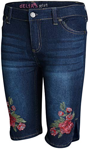 dELiAs Girls Soft Stretch Denim Bermuda Style Shorts (2 Pack), Flower Embroidery, Size 10'