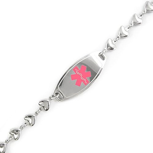 My Identity Doctor - Pre-Engraved & Customizable Celiac Disease ID, Medical Alert Bracelet, 6mm Heart Chain (Pink)