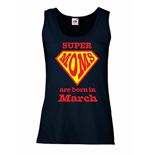 Sleeveless t shirts for women Hand printed design "Super Moms are Born in March" - for mom birthday gifts (X-Large Blue Multi Color)