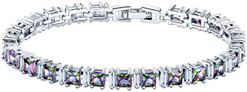 Silver Elegant Rainbow Topaz & White Topaz Square Women Bracelet 6.75 inches