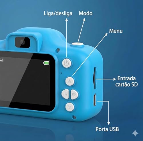Câmera Digital Infantil Gatinho Recarregável, Azul | Bateria USB, Gravação de Fotos e Vídeos HD, Design Seguro e Resistente, Antichoque, Presente Educativo e Divertido