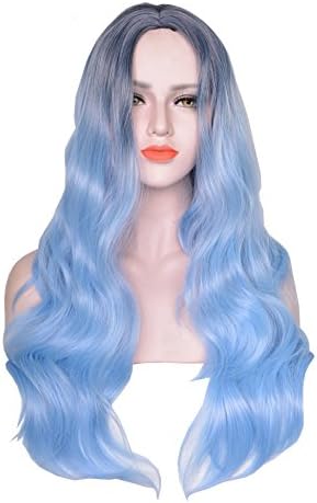AOGSY Long Wave Wigs Natural Ombre Women Synthetic Cosplay Party (Blue)