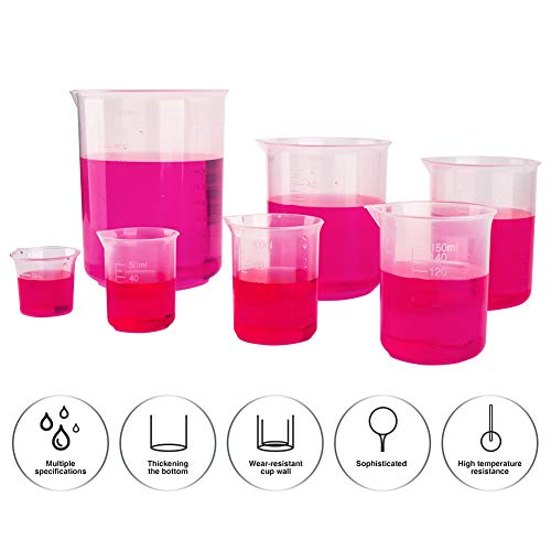 Wellish 7pc Plastic Lab Beaker Polypropylene Lab Measuring Cup with Spout Molded Graduation 25ml/50ml/100ml/l50ml/300ml/500ml/1000ml Volumetric Beaker Container for Laboratory Chemical Pharmacy School