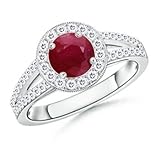 A Quality Round Ruby and Diamond Halo Split Shank Ring in Platinum