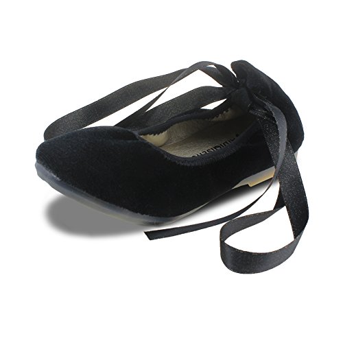 Maxu Girls Dress Velvet Ballerina Flats with Ribbon,Black,Little Kid,10.5M