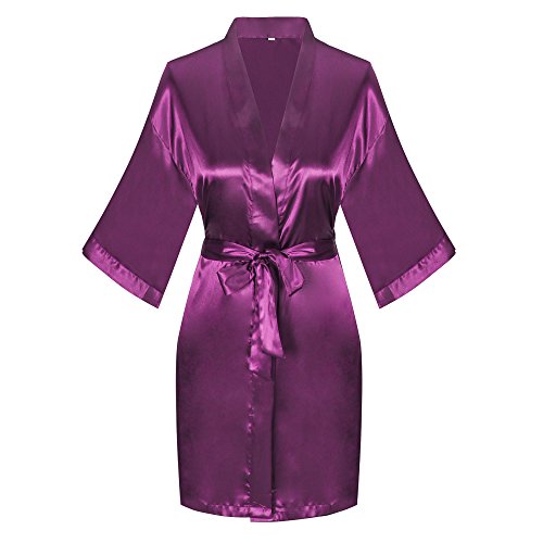 Joy Bridalc Satin Wedding Robes with Clear Rhinestones-Bride&Bridesmaid Edition Short Kimono,Maid of Honor Edition, Purple XS