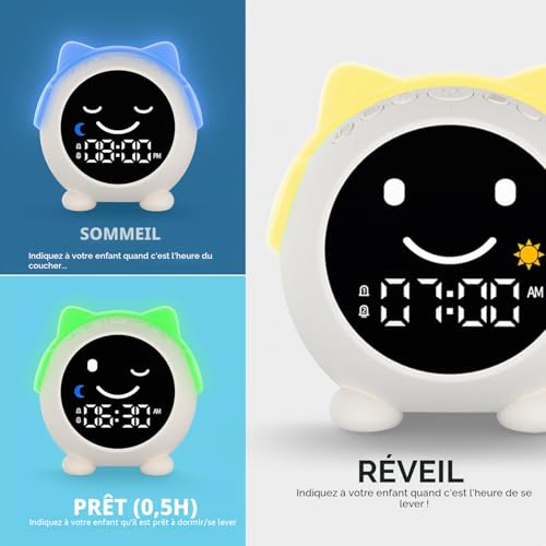 MRSCOZ Children's Cat Alarm Clock | Day/Night | Night Light + Soothing Sounds | 2 Alarms & Weekend Mode | Rechargeable | Sleep Aid & Time Learning for Girls / Boys