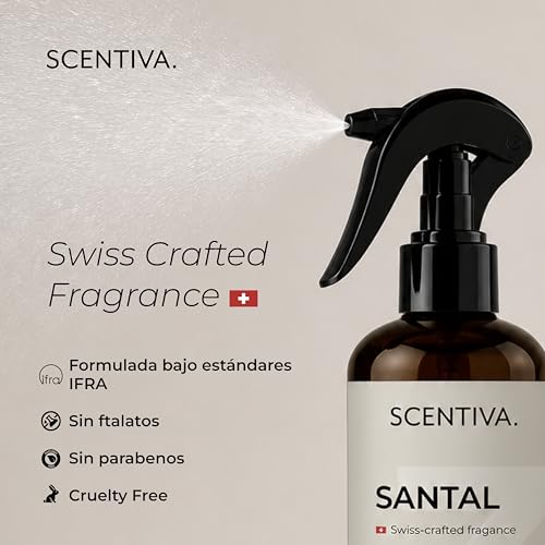 SCENTIVA Room Spray Santal 250 ml | Aromatizante Premium para Hogar y Telas | Fragancia Suiza Amaderada con Almizcle y Ámbar | Spray Ambiental para Sala, Recámara, Baño y Oficina (Santal)