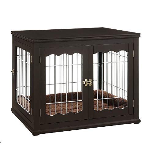 unipaws Pet Crate End Table with Pet Bed, Wooden Wire Dog Kennels with Double Doors, Modern