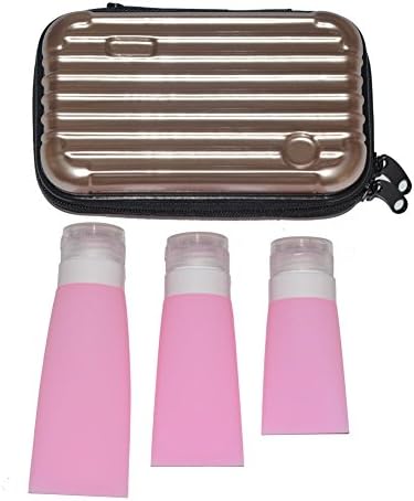 Clearance Sale Travel Kits Toiletry Bag Vanity Case Makeup Organizer + 38 60 80ml Silicone Refillable Bottles Containers for Shampoo Conditioner Lotion Ladies Gift (Champagne Case + Pink Bottles)