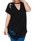 Pxmoda Womens Plus Size V Neck Short Sleeve Ripped T Shirt Tops