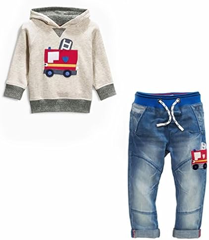 Miniowl Boys` Fire Truck Printed Hoodie and Denim Jeans Outfit 2pcs set 5T