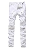 Men’s Slim Fit Pencil Pants Vintage Zipper Denim Distressed Stretch Ripped Jeans (34, White-Gold Zip)