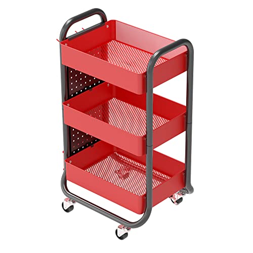 DESIGNA 3Tier Metal Storage Cart,Heavy Duty Rolling Utility Cart with Removable Pegboard