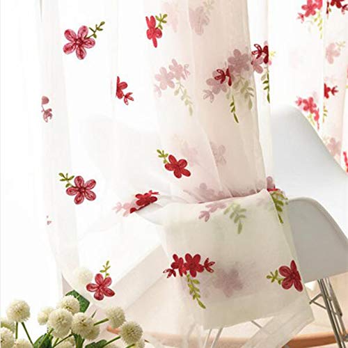 Pureaqu Sheer Curtains Red Floral Embroidered Curtains For Bedroom