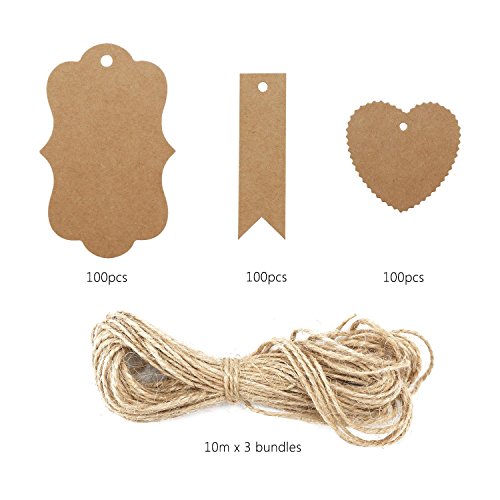 Paper Gift Tags, Segarty Custom Brown Kraft Paper Tags Price Tags Label Tags 300 PCS with Natural Jute Twine for Wedding Birthday Christmas Thanksgiving