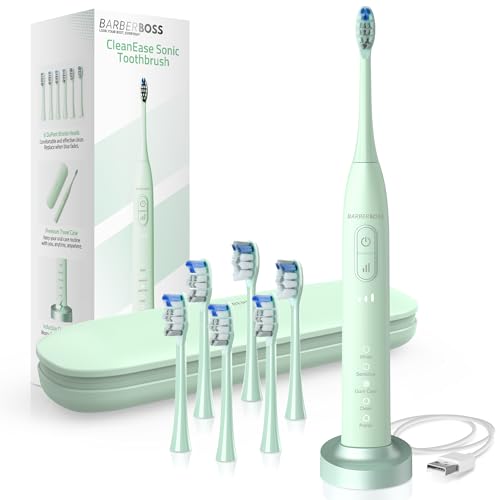 BarberBoss Electric Toothbrush, Sonic Rechargeable Toothbrush for Adults, 5 Cleaning Modes, 3 Intensity Settings, Pressure Sensor, 6 Dupont Brush Heads & USB Charging Base, QR-7305 (Green)