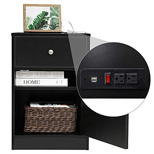 ADORNEVE Black Nightstand with USB Port, Nightstand with Drawer & Door