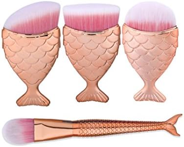 Wakeu 4PCS Mermaid Makeup Brushes Set Kabuki Make Up Brushes Set Foundation Liquid Powder Cosmetic Concealer Blush Face Brush Oval Brush (Rose Gold)