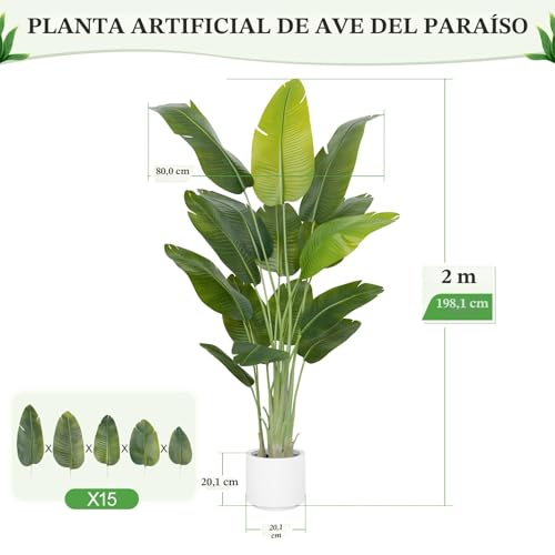 ZEEOZE Artificial Plant Bird of Paradise 200 cm Decorative Artificial Plants with 15 Banana Leaves, Large Indoor Artificial Plant with White Pot for Home Decoration Living Room Home Room Decor