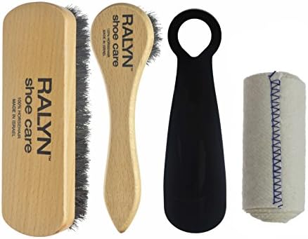 Travel Shoe Shine Kit. Dark Bristle 100% Horsehair Brush & Dauber. Shoe shine cloth. 5.5 IN. Shoe Horn.