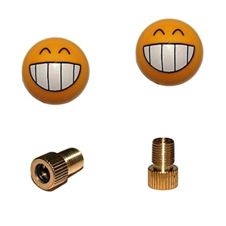 KUSTOM66 2er Set Ventilkappen und 2 Fahrrad Adapter - Fettes Grinsen - in gelb für jedes Fahrrad geeignet