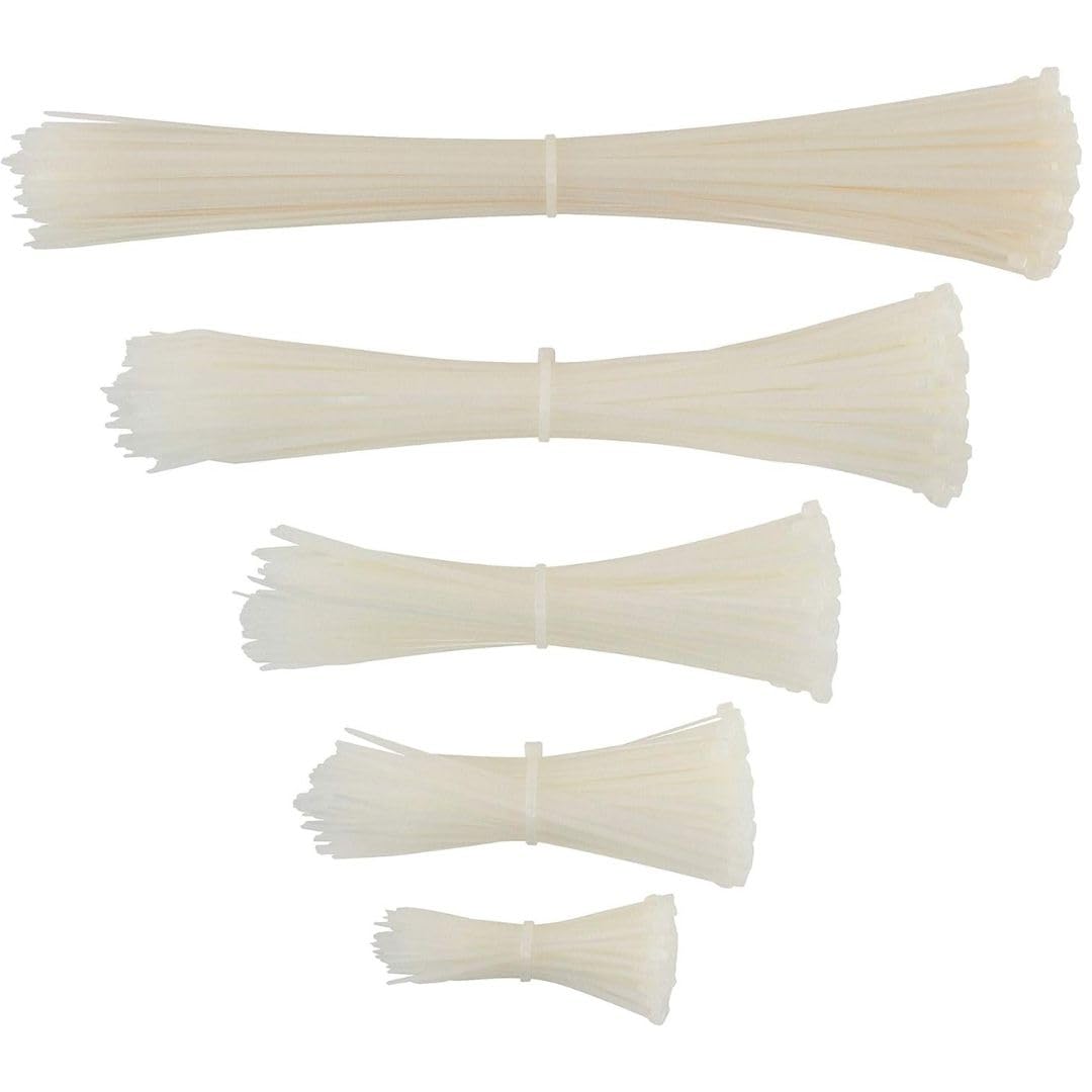 GTSE 500 Pack of White Cable Ties, 100/150 / 200/300 / 370mm, Nylon Zip Ties