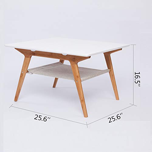 ZEN'S Bamboo Square Coffee Table Double Layer White Top Table with