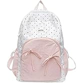 YPNMR Cute Backpack with Pink Bows Black White Polka Dot for Women, Aesthetic Fashionable Shoulder Bag for Laptop (White Pink,11 Liters)