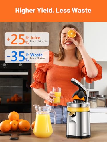 VINATO Electric Orange Squeezer with 2 Cones, Juice Extractor, Low Speed Juice Machine, Anti-Drip System and Easy Cleaning