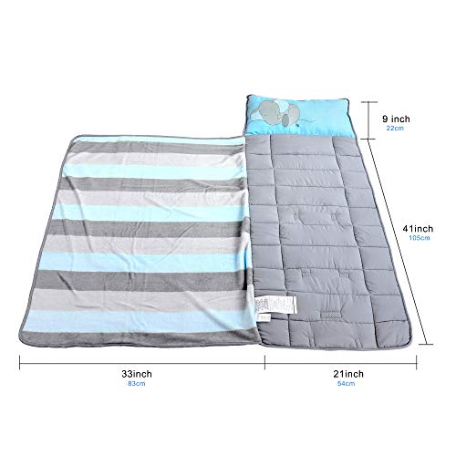 Toddler Nap Mats for Preschool Kinder Daycare - Blanket + Pillow for Boys or Girls - Foldable Comfy Cover (Baby Elephant)