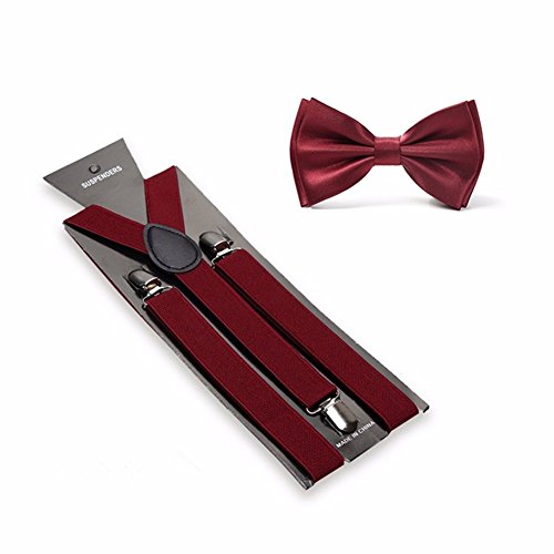 Men's Solid Color Pre-tied Adjustable Bowtie Y-Back Clip Suspenders Set for Wedding (Burgundy)