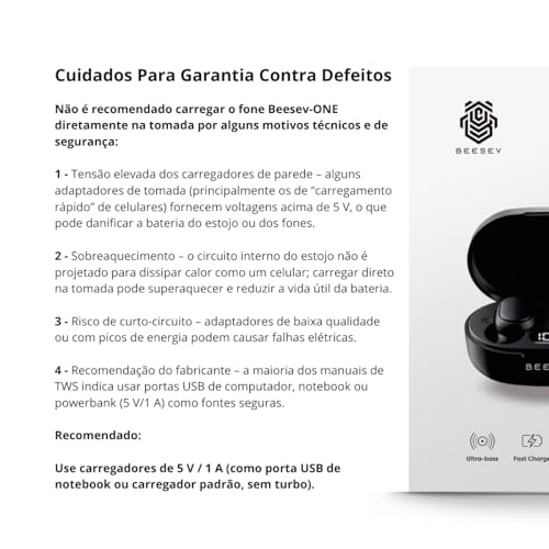 Fone de Ouvido Bluetooth 5.3 TWS Sem Fio Wireless Com Visor Graves Potente Compatível com iOS e Android, Beesev-ONE (Preto)