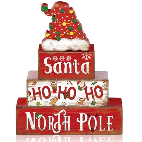 Photo 1 of Moucuny 4 Pcs Christmas Table Sign Christmas Wooden Decorative Signage Winter Tiered Tray Decor Winter Centerpieces Farmhouse Wooden Block Set Xmas Table Sign for Home(Ho Ho Ho)