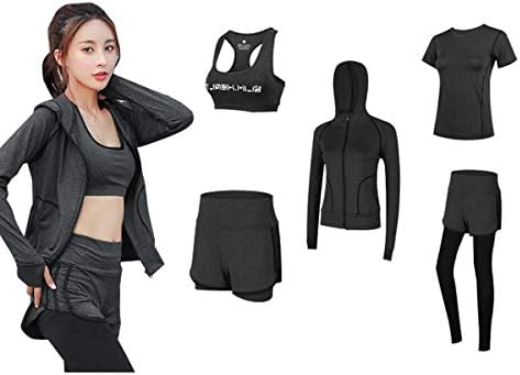 TOFULM Women’s Sportswear, Yoga Wear, Short Sleeves, Long Sleeves, Training Wear, Running Wear, Quick Drying, Sweating, Elastic, Sports Bra, Pants, Fitness, For All Years, For Spring, Summer, Fall, Winter, 5 Piece Set