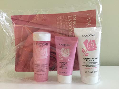 Lancome Rose Skincare 3-Piece Travel Set: Rose Jelly Mask, 1.0 oz, Comforting Cleansing Creamy-Foam with Rose Extracts, 1.7 oz and Re-Hydrating Comforting Toner with Acacia Honey, 1.69 oz